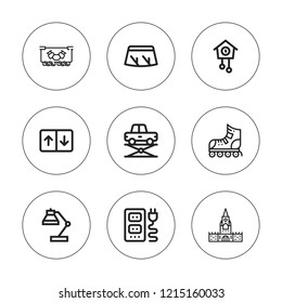 Wall icon set. collection of 9 outline wall icons with balcony, desk lamp, elevator, cuckoo clock, kremlin, roller, socket icons. editable icons.