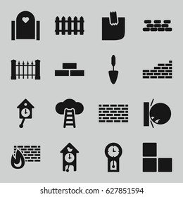Wall icons set. set of 16 wall filled icons such as fence, trowel, glued note, pendulum, cuckoo clock, ladder to the sky