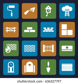 Wall icons set. set of 16 wall filled icons such as fence, trowel, roller, air conditioner, pendulum, ladder to the sky