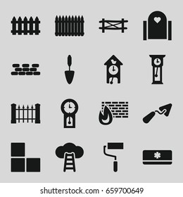 Wall icons set. set of 16 wall filled icons such as fence, trowel, roller, air conditioner, pendulum, cuckoo clock, ladder to the sky
