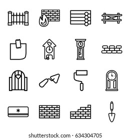 Wall icons set. set of 16 wall outline icons such as fence, trowel, roller, glued note, air conditioner, pendulum, cuckoo clock