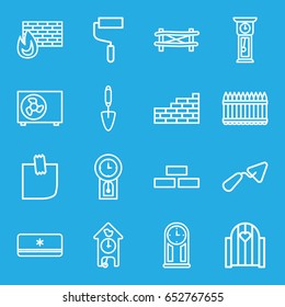 Wall icons set. set of 16 wall outline icons such as fence, trowel, roller, glued note, air conditioner, pendulum, cuckoo clock