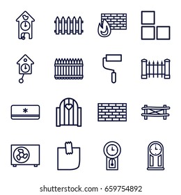 Wall icons set. set of 16 wall outline icons such as fence, roller, glued note, air conditioner, pendulum, cuckoo clock