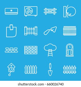 Wall icons set. set of 16 wall outline icons such as fence, trowel, glued note, air conditioner, pendulum
