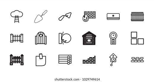 Wall icons. set of 18 editable outline wall icons: fence, trowel, gate, glued note, air conditioner, ladder to the sky