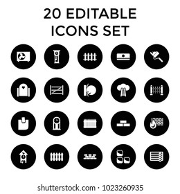 Wall icons. set of 20 editable filled wall icons such as gate, glued note, fence, air conditioner, ladder to the sky, pendulum. best quality wall elements in trendy style.