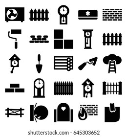 Wall icons set. set of 25 wall filled icons such as fence, trowel, roller, glued note, air conditioner, pendulum, cuckoo clock, ladder to the sky