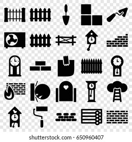 Wall icons set. set of 25 wall filled icons such as fence, trowel, roller, glued note, air conditioner, pendulum, cuckoo clock, ladder to the sky