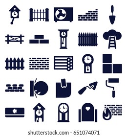 Wall icons set. set of 25 wall filled icons such as fence, trowel, roller, glued note, air conditioner, pendulum, cuckoo clock, ladder to the sky