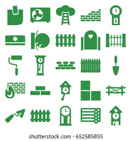 Wall icons set. set of 25 wall filled icons such as fence, trowel, roller, glued note, air conditioner, pendulum, cuckoo clock, ladder to the sky