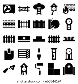 Wall icons set. set of 25 wall filled icons such as fence, trowel, roller, glued note, air conditioner, pendulum, cuckoo clock, ladder to the sky