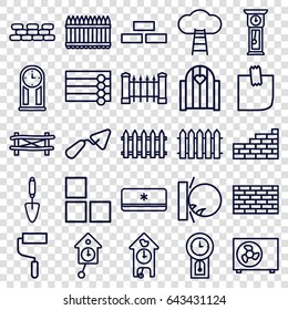Wall icons set. set of 25 wall outline icons such as fence, trowel, roller, glued note, air conditioner, pendulum, cuckoo clock, ladder to the sky