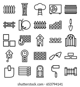 Wall icons set. set of 25 wall outline icons such as fence, trowel, roller, glued note, air conditioner, pendulum, cuckoo clock, ladder to the sky