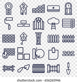 Wall icons set. set of 25 wall outline icons such as fence, trowel, roller, glued note, air conditioner, pendulum, cuckoo clock, ladder to the sky