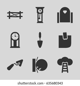 Wall icons set. set of 9 wall filled icons such as fence, trowel, heat the wall emot, glued note, pendulum, ladder to the sky