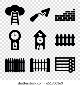Wall icons set. set of 9 wall filled icons such as fence, trowel, pendulum, cuckoo clock