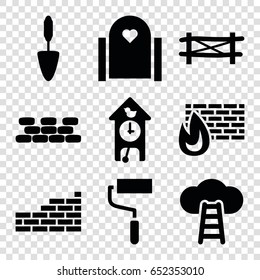 Wall icons set. set of 9 wall filled icons such as fence, roller, trowel, cuckoo clock, ladder to the sky
