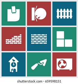 Wall icons set. set of 9 wall filled icons such as trowel, glued note, fence, air conditioner