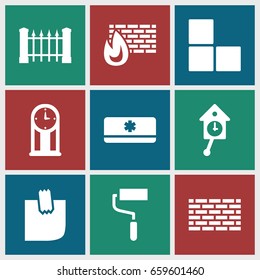 Wall icons set. set of 9 wall filled icons such as fence, roller, glued note, air conditioner