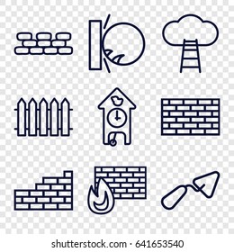 Wall icons set. set of 9 wall outline icons such as trowel, fence, cuckoo clock