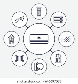 Wall icons set. set of 9 wall outline icons such as fence, trowel, air conditioner, pendulum