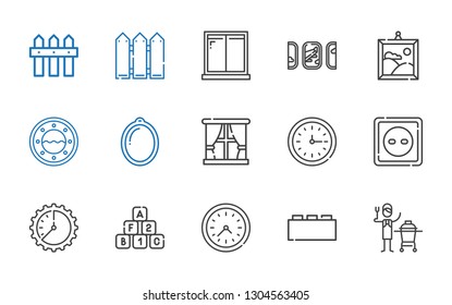 wall icons set. Collection of wall with ceramic, bricks, wall clock, socket, window, painting, windows, fence. Editable and scalable icons.