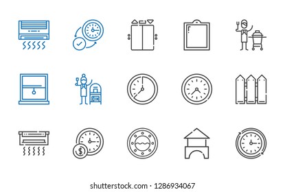 wall icons set. Collection of wall with wall clock, bricks, window, air conditioner, fence, terracotta, ceramic, elevator. Editable and scalable icons.