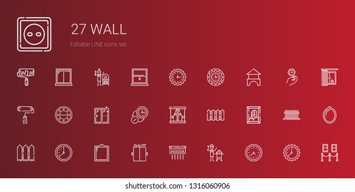 wall icons set. Collection of wall with wall clock, ceramic, air conditioner, elevator, window, fence, painting, paint roller, bricks, terracotta. Editable and scalable icons.