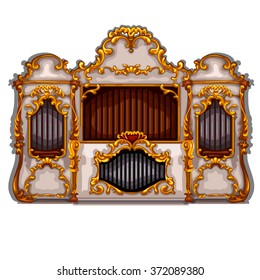 Wall in the interior in the Baroque style. The steel tubes of the old organ isolated on white background. Vector cartoon close-up illustration.