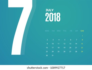 Wall July 2018 Calendar. Vector eps10 template design