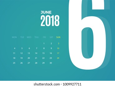 Wall June 2018 Calendar. Vector eps10 template design