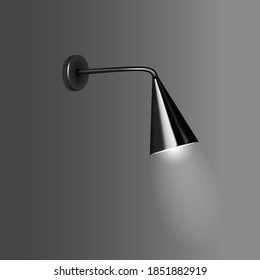 Wall lamp with black metal cone shaped lampshade, vector illustration. Modern interior night light with the light on