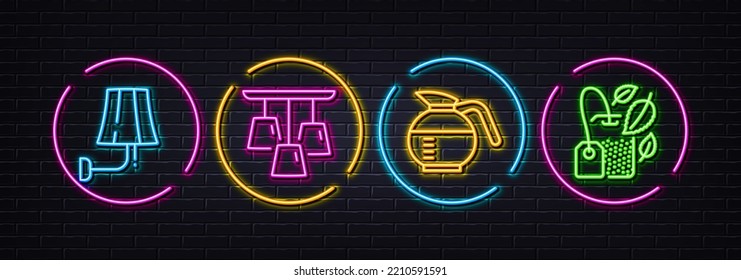 Lámpara de pared, lámpara de techo y iconos mínimos de línea de Coffeepot. Luces 3d láser neón. Iconos de bolsos de menta. Para web, aplicación, impresión. Sconce eléctrico, lámpara de araña, café hecho. Té de Mentha. Vector