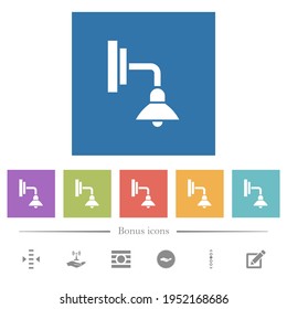 Wall lamp flat white icons in square backgrounds. 6 bonus icons included.