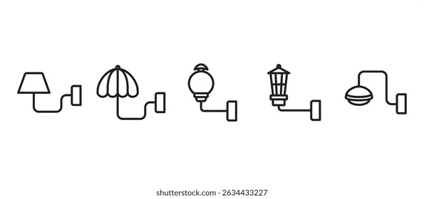 Colección de icono de lámpara de pared. Icono decorativo del Vector de la lámpara interior y al aire libre, línea de la lámpara de mesa y glifo. Colección de la lámpara. colección de Vector en fondo transparente.