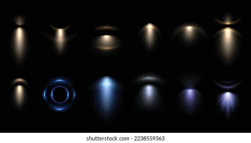 Wall lamp light effect. Spot lights illumination overlay, cold and warm lighting isolated vector set of spotlight effect lamp illustration