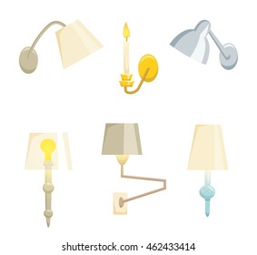 Wall Lamp Set Isolated On White Background. Interior Light Design Vector Illustration. Decoration Modern And Classic Style. Turn On 