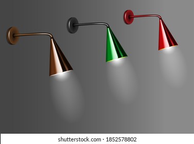 Wall lamps with colored conical lampshades, vector illustration. Modern home interior night light with the light on