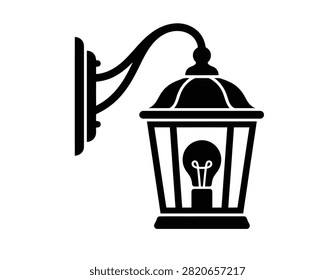 Wall Lantern Silhouette – Classic Outdoor Light Fixture with Curved Arm and Bulb, Vintage Exterior Lighting Icon