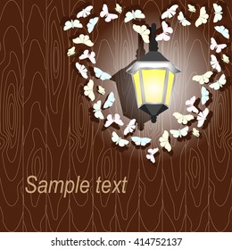 Wall light  on the wooden wall. Invitation card for wedding, date, birthday, tea or garden party. Isolated.