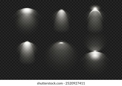 Wall lights, isolated set of sconces light glowing on wall. Vector variety of lamps giving cold illumination for home. Studio or interior design accessories. Advertising or scene arrangement