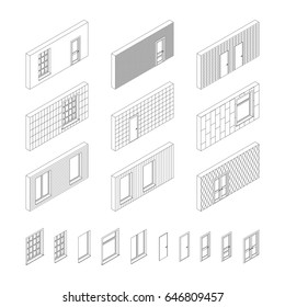 Wall line fragments with doors and windows in isometric view.