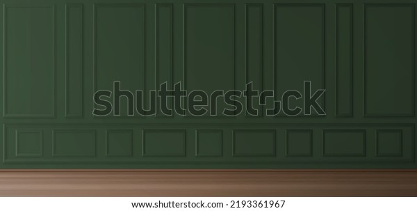 Wall in luxury victorian style, empty room interior,\
green background with square and rectangular molding stucco panels\
and wooden floor. Home in ancient english style Realistic 3d vector\
mock up