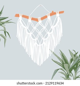 Wall macrame hanging on wooden stick. DIY interior decor hand drawn illustration
