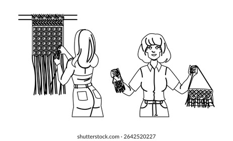 wall macrame woman vector. art handmade, fringe rope, cotton vintage wall macrame woman character. people black line pencil drawing illustration