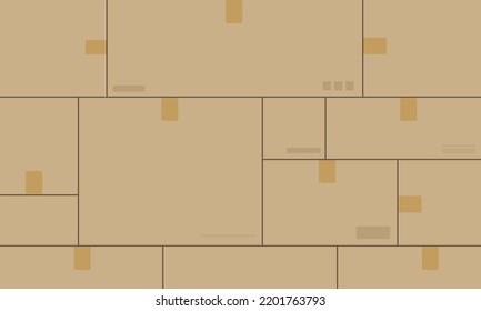 Die Wand besteht aus verschlossenen Kartons, die in einem leeren Raum mit weißem Fußboden eingeklemmt sind.
