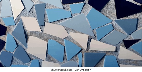 Parede feita de pedaços de telhas quebradas. Plano de fundo dos blocos desfeitos. Mosaicos. Padrão de peças de ladrilho. Fundo azul-branco. Textura em mosaico. Design de interiores, renovação.