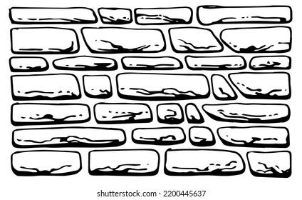 Wall made of rounded smooth stone. Masonry in construction of houses and fences. Natural building material. Hand drawn outline sketch. Isolated on white background. Vector