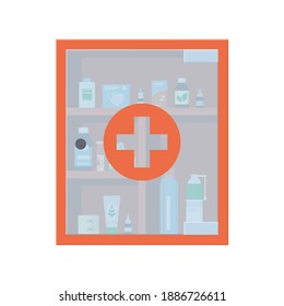 Wall medicine chest full of drugs, pills, tablets and bottles. Red medical cabinet with close glass transparent door. Isolated vector illustration in flat style on white background