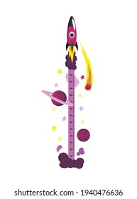 Wall meter with flying rocket. Sticker for measuring height kids. Funny vector cartoon illustration for children